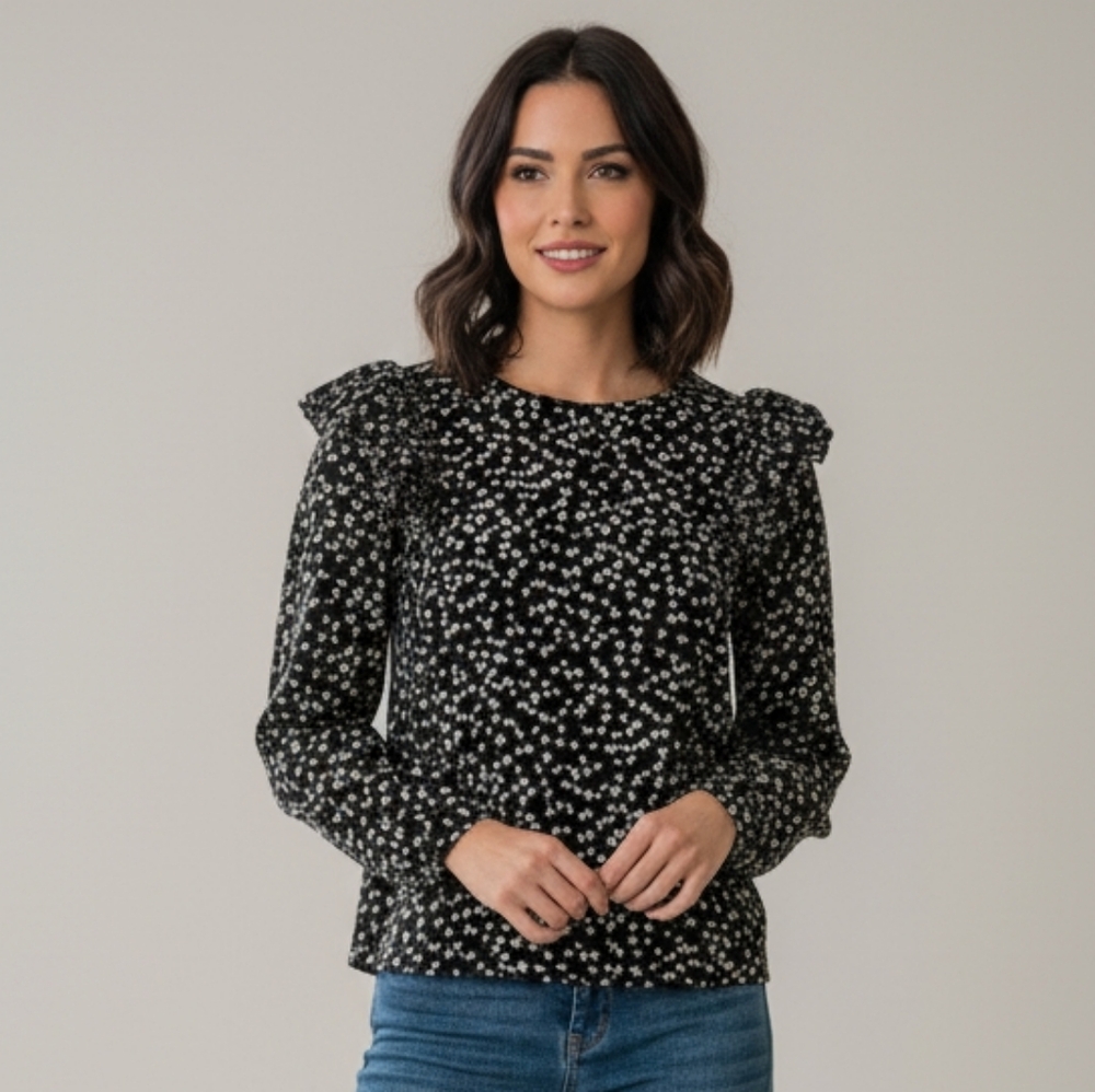 a.n.a Women's Black Ditsy Floral Ruffle Long Sleeve Blouse Size Medium Petite